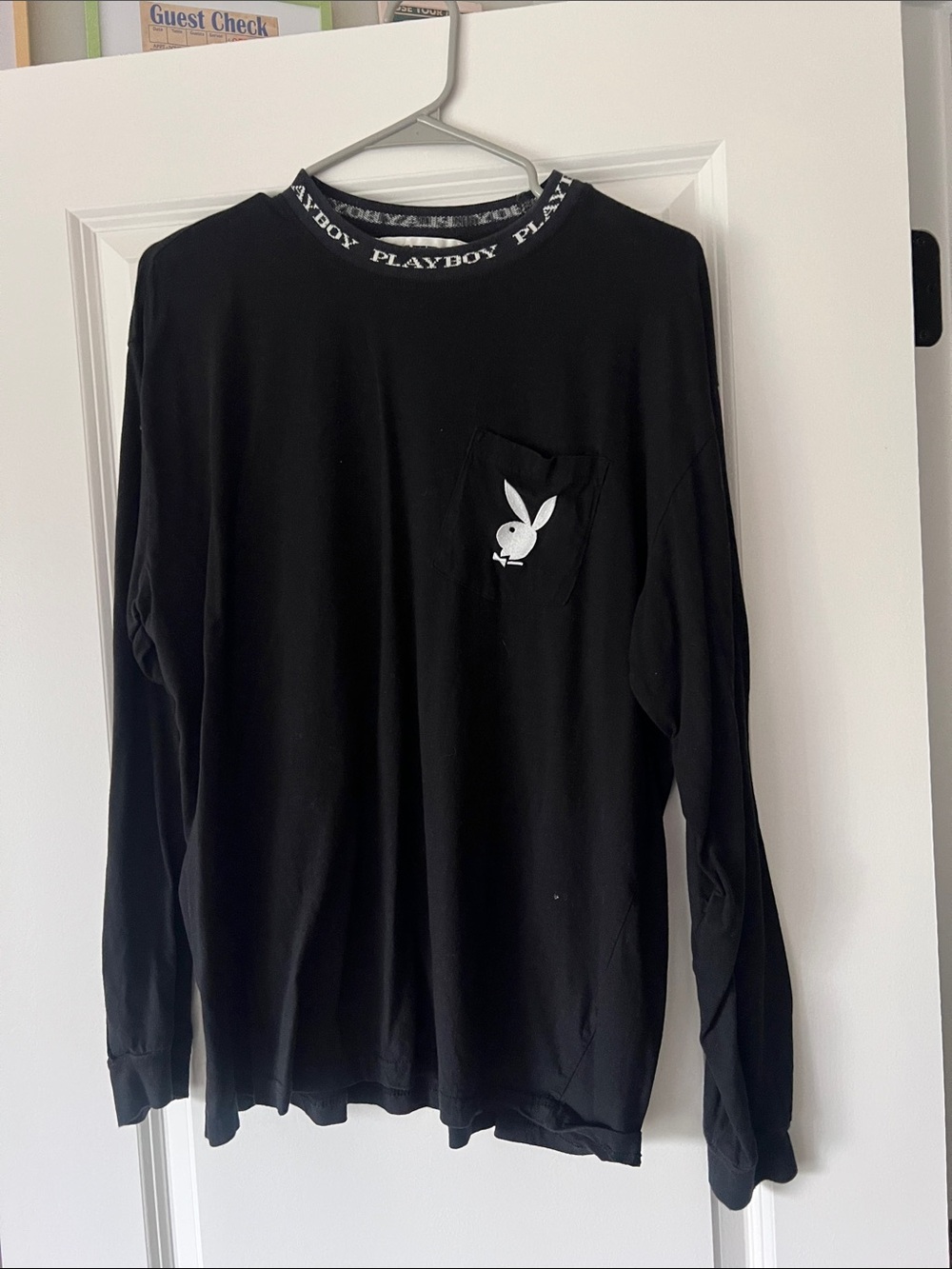 PLAYBOY Black Long-Sleeve Crewneck Sweater with Bunny Pocket